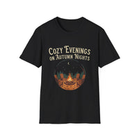 Load image into Gallery viewer, Cozy Evenings T-Shirt, Fall Fashion, Unisex Tee, Campfire Shirt, Gift for Nature Lovers, Casual Fall Wear