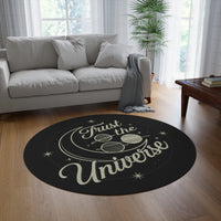 Load image into Gallery viewer, Trust the Universe Round Rug – Celestial Moon &amp; Planets Decorative Floor Mat