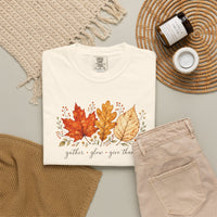 Load image into Gallery viewer, Comfort Colors Fall Leaves Shirt, Gather Glow Give Thanks Tee, Watercolor Autumn Leaf T-Shirt, Thanksgiving Graphic Tee, Sage Green Cozy Fall Gift for Her, Aesthetic Botanical Harvest Tee