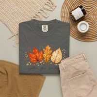 Load image into Gallery viewer, Comfort Colors Fall Leaves Shirt, Gather Glow Give Thanks Tee, Watercolor Autumn Leaf T-Shirt, Thanksgiving Graphic Tee, Sage Green Cozy Fall Gift for Her, Aesthetic Botanical Harvest Tee