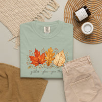 Load image into Gallery viewer, Comfort Colors Fall Leaves Shirt, Gather Glow Give Thanks Tee, Watercolor Autumn Leaf T-Shirt, Thanksgiving Graphic Tee, Sage Green Cozy Fall Gift for Her, Aesthetic Botanical Harvest Tee