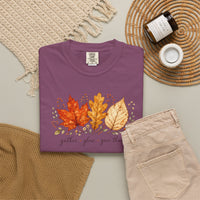 Load image into Gallery viewer, Comfort Colors Fall Leaves Shirt, Gather Glow Give Thanks Tee, Watercolor Autumn Leaf T-Shirt, Thanksgiving Graphic Tee, Sage Green Cozy Fall Gift for Her, Aesthetic Botanical Harvest Tee