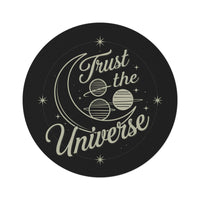 Load image into Gallery viewer, Trust the Universe Round Rug – Celestial Moon &amp; Planets Decorative Floor Mat