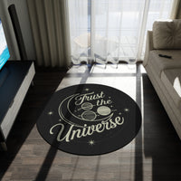 Load image into Gallery viewer, Trust the Universe Round Rug – Celestial Moon &amp; Planets Decorative Floor Mat