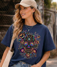 Load image into Gallery viewer, Intricate Lace Sugar Skull Shirt - Neon Filigree Floral Skeleton Tee - Retro Unisex Day of the Dead T-Shirt - Back to School Goth Clothing