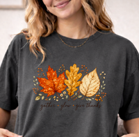 Load image into Gallery viewer, Comfort Colors Fall Leaves Shirt, Gather Glow Give Thanks Tee, Watercolor Autumn Leaf T-Shirt, Thanksgiving Graphic Tee, Sage Green Cozy Fall Gift for Her, Aesthetic Botanical Harvest Tee